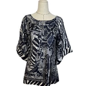 YASB Multicolor Abstract 100% Silk 3/4 Sleeve Tie Back Blouse Top Size Small